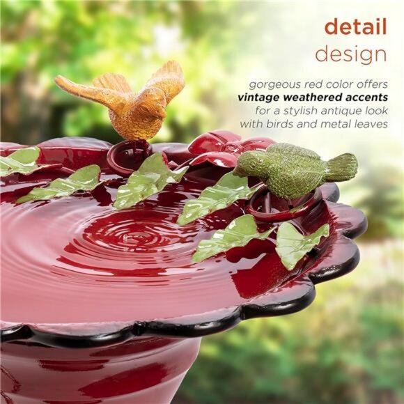 28" Tall Outdoor Metal Birdbath with Birds and Leaves Yard - Picture 6 of 7